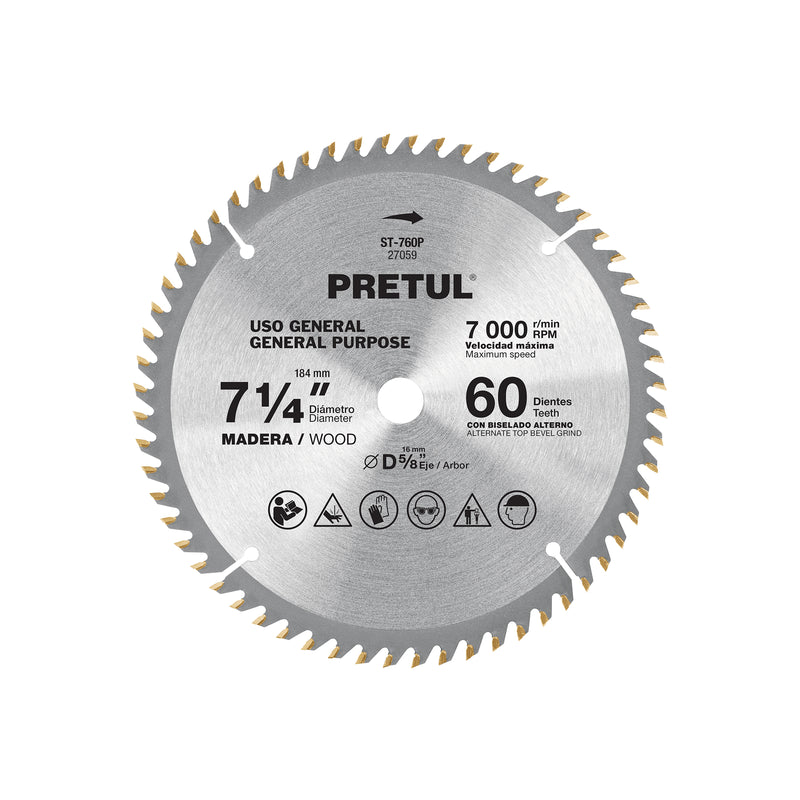 Disco sierra p/madera 7-1/4", 60dpp, centro 5/8",Pretul