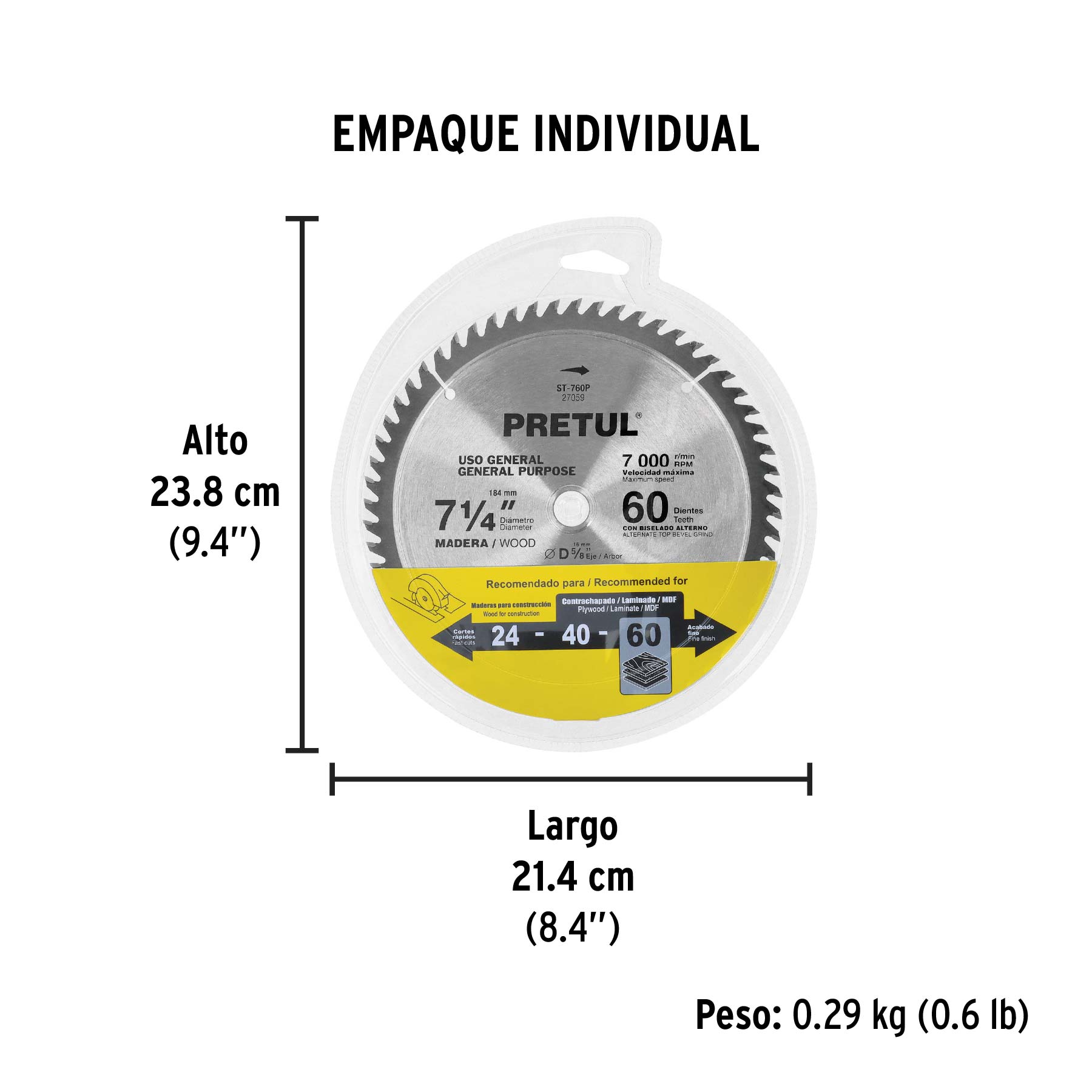 Disco sierra p/madera 7-1/4", 60dpp, centro 5/8",Pretul
