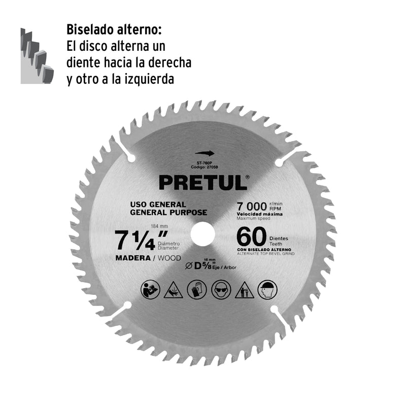 Disco sierra p/madera 7-1/4", 60dpp, centro 5/8",Pretul