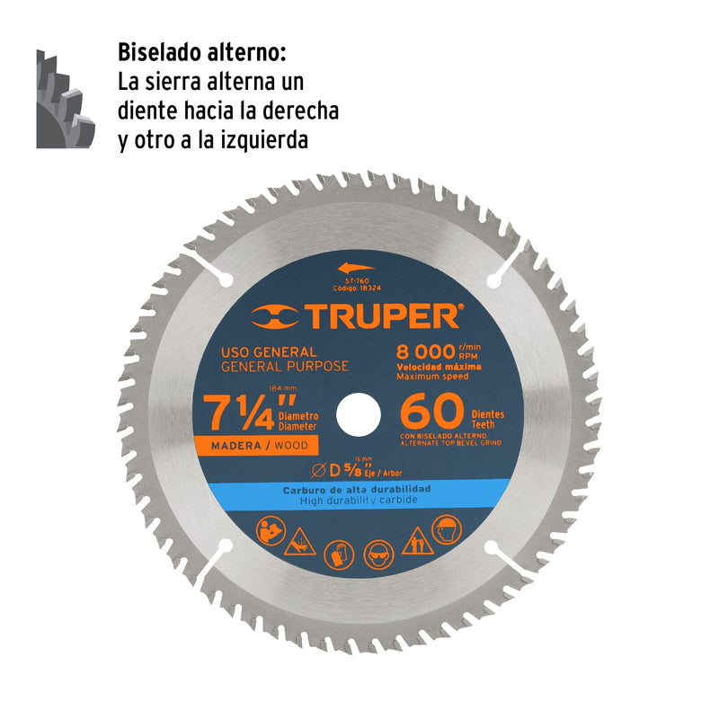 Disco sierra p/madera 7- 1/4", 60 dientes, centro 5/8"