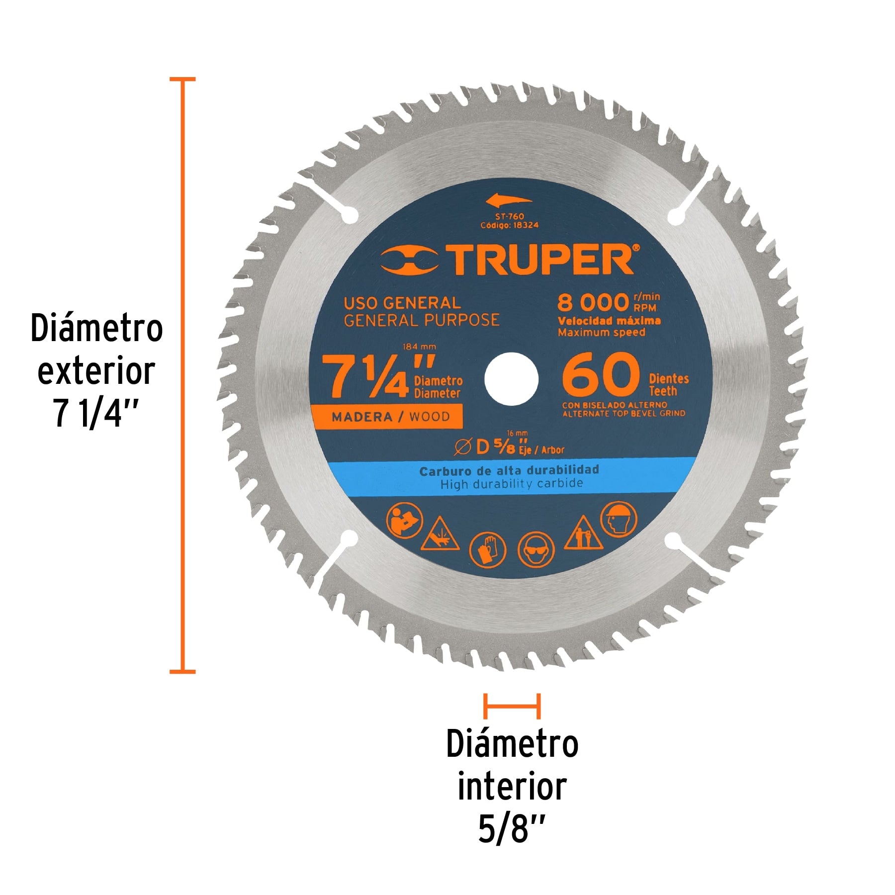 Disco sierra p/madera 7- 1/4", 60 dientes, centro 5/8"