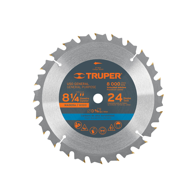 Disco sierra p/madera 8-1/4", 24 dientes, centro 5/8"