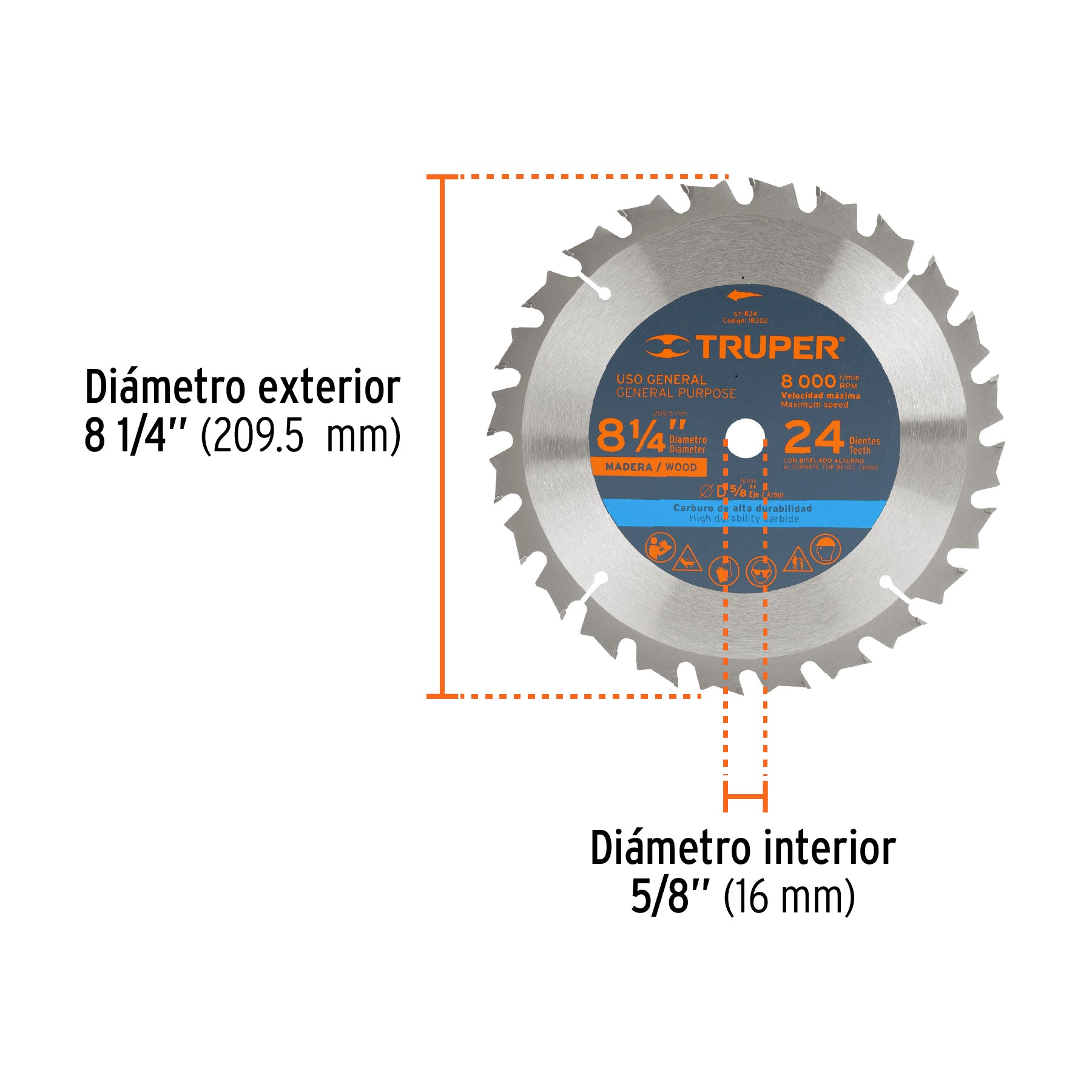 Disco sierra p/madera 8-1/4", 24 dientes, centro 5/8"