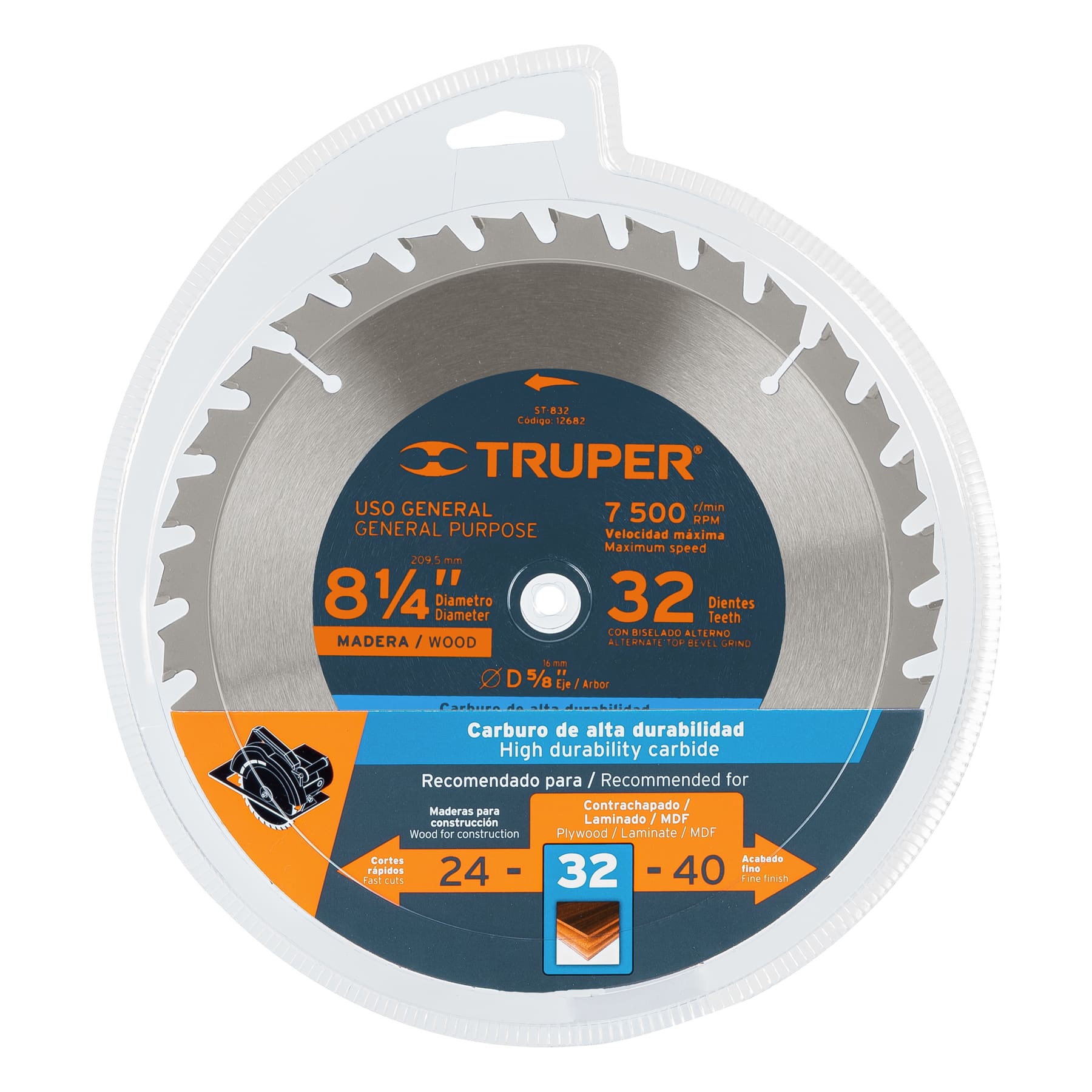 Disco sierra p/madera 8-1/4", 32 dientes, centro 5/8"
