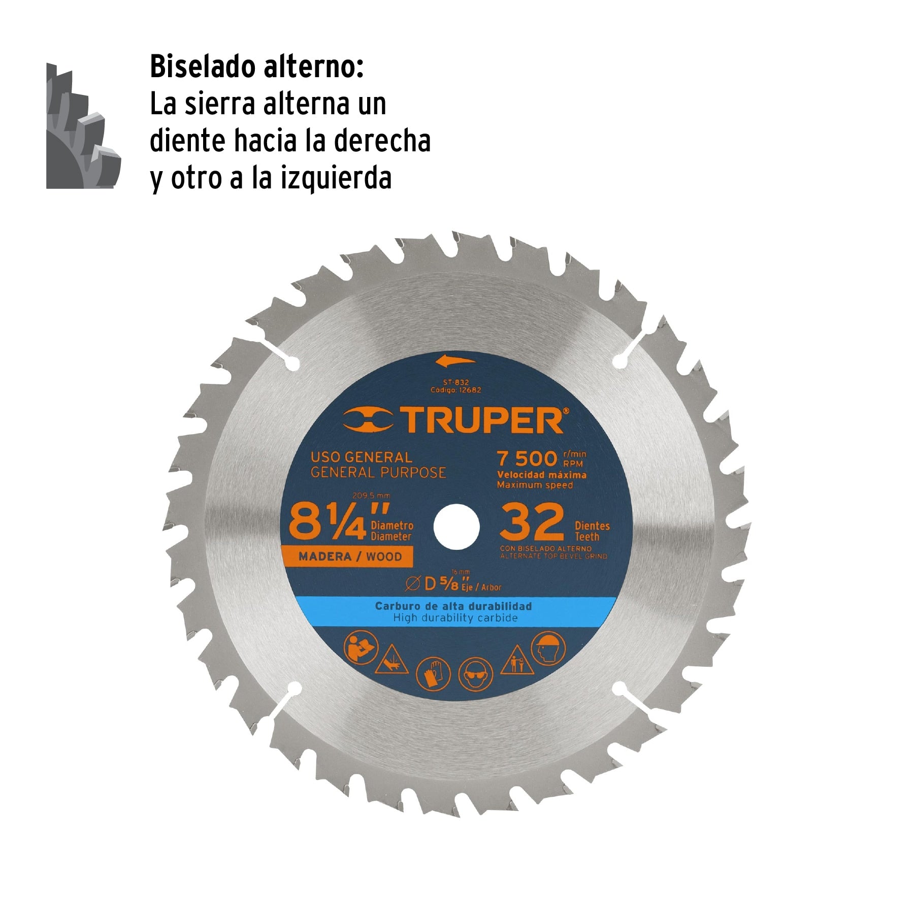 Disco sierra p/madera 8-1/4", 32 dientes, centro 5/8"