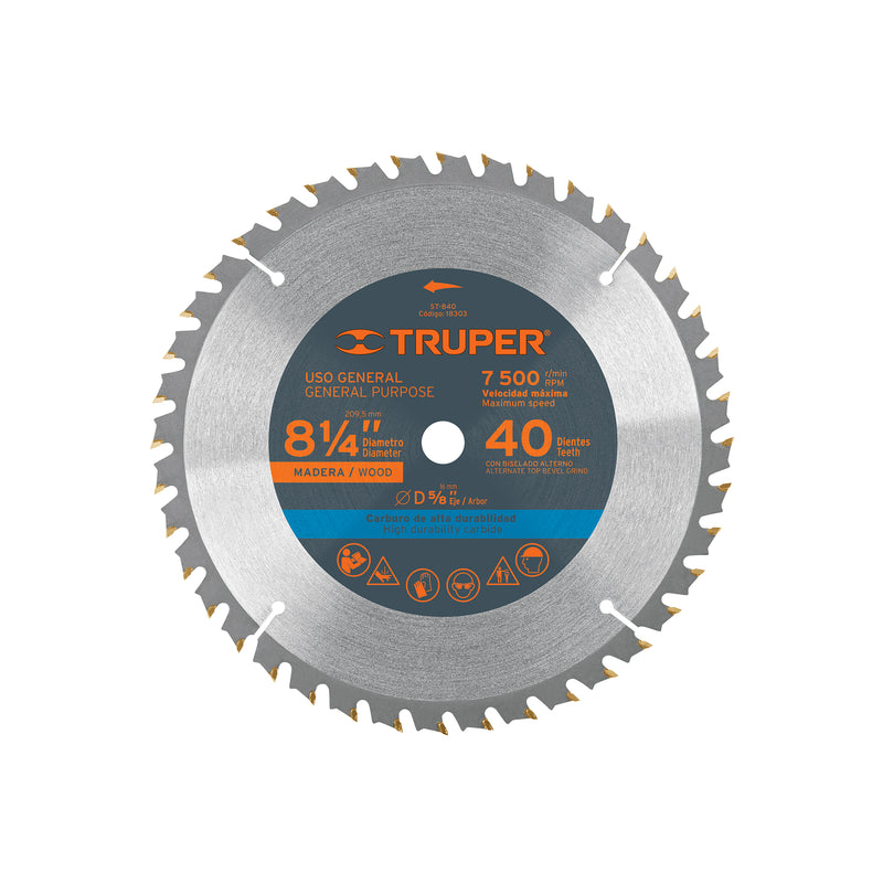 Disco sierra p/madera 8-1/4", 40 dientes, centro 5/8"