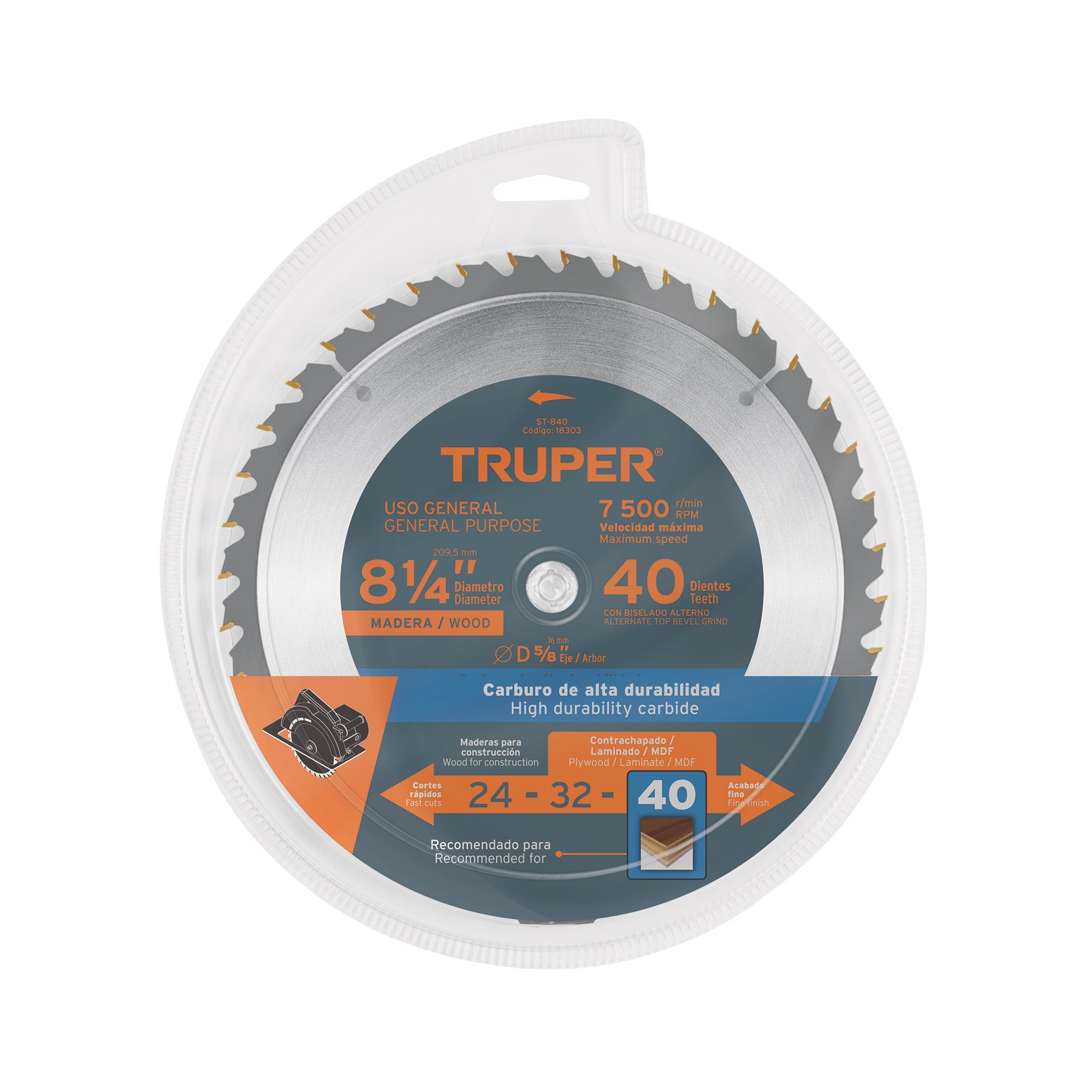 Disco sierra p/madera 8-1/4", 40 dientes, centro 5/8"