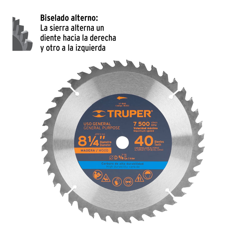 Disco sierra p/madera 8-1/4", 40 dientes, centro 5/8"