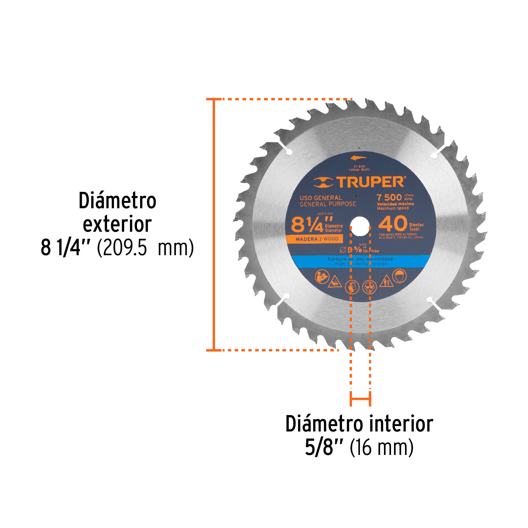 Disco sierra p/madera 8-1/4", 40 dientes, centro 5/8"