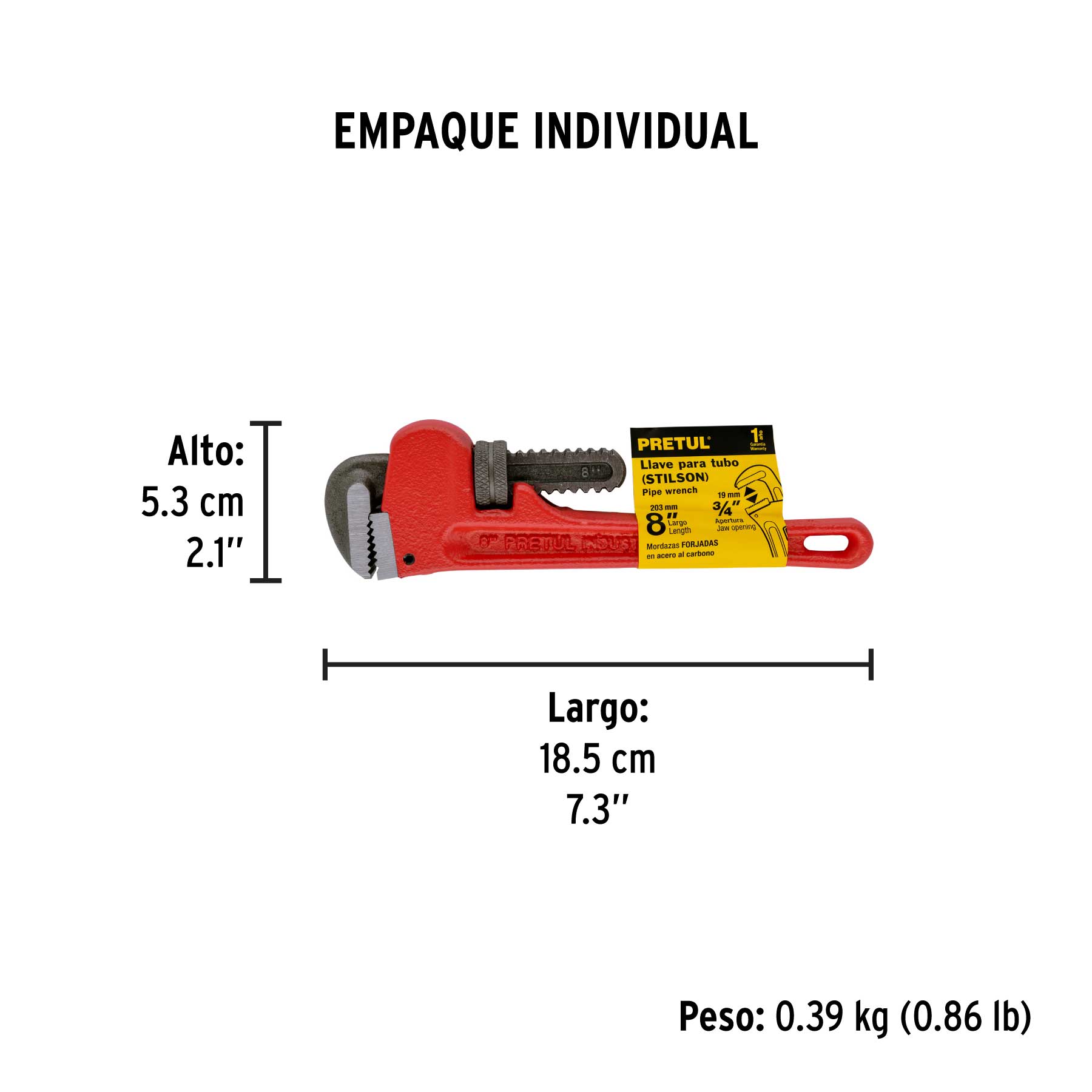 Llave para tubo, stilson, 8", pretul
