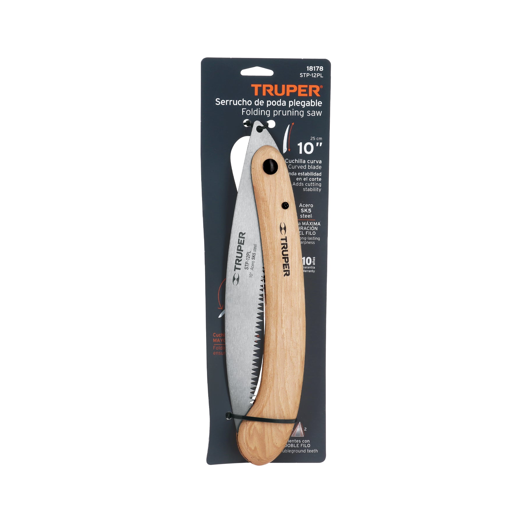 Serrucho de poda 12", plegable, mango de madera, 6 DPP
