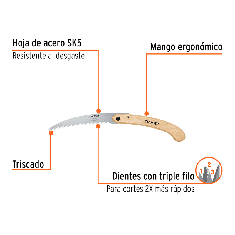 Serrucho de poda 12", plegable, mango de madera, 6 DPP
