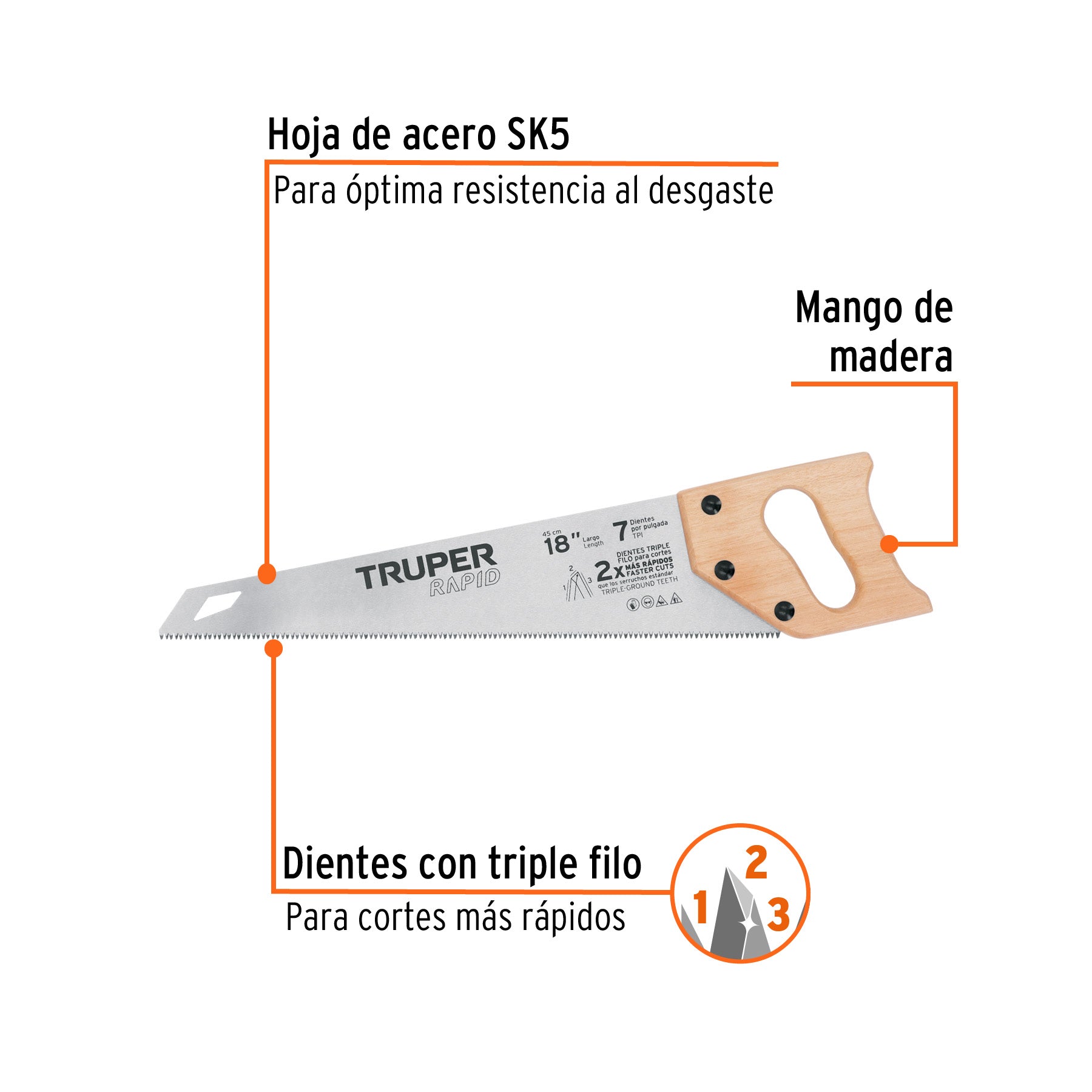 Serrucho Rapid 18', 7 DPP, mango de madera, Truper