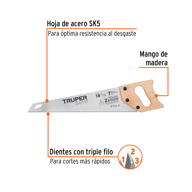 Serrucho Rapid 18', 7 DPP, mango de madera, Truper