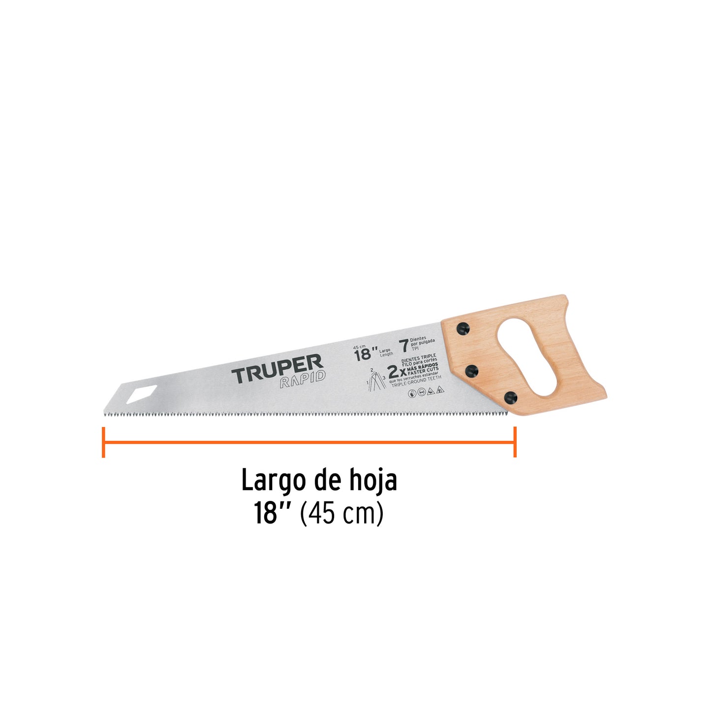 Serrucho Rapid 18', 7 DPP, mango de madera, Truper