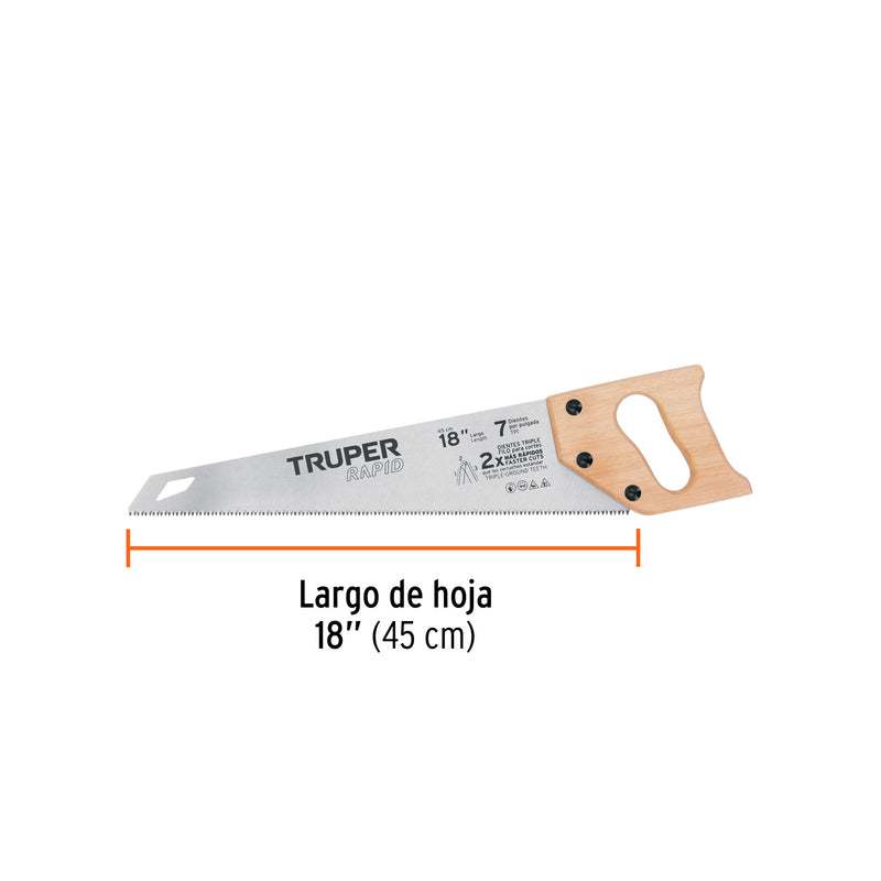Serrucho Rapid 18', 7 DPP, mango de madera, Truper
