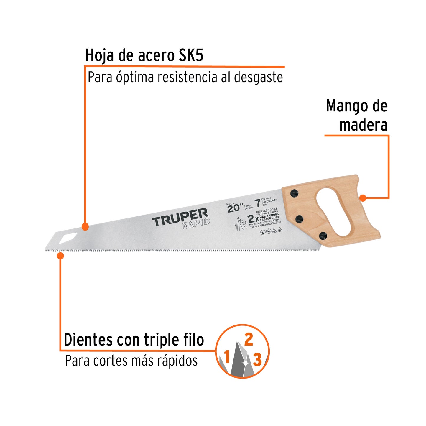 Serrucho Rapid 20', 7 DPP, mango de madera, Truper