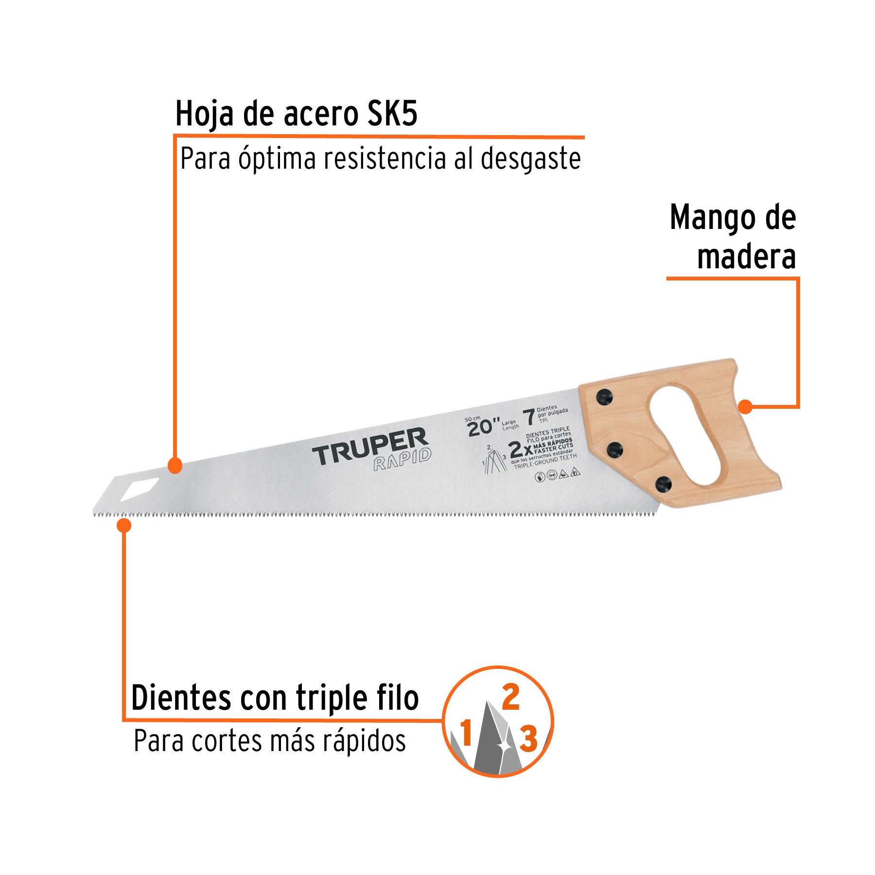 Serrucho Rapid 20', 7 DPP, mango de madera, Truper
