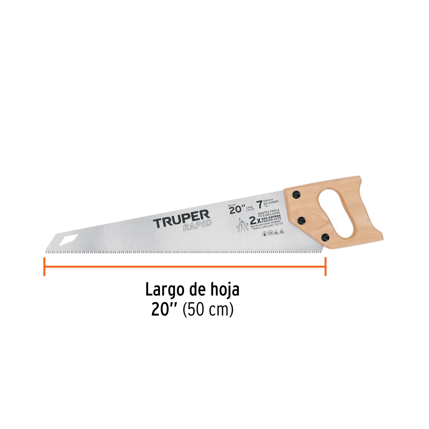 Serrucho Rapid 20', 7 DPP, mango de madera, Truper