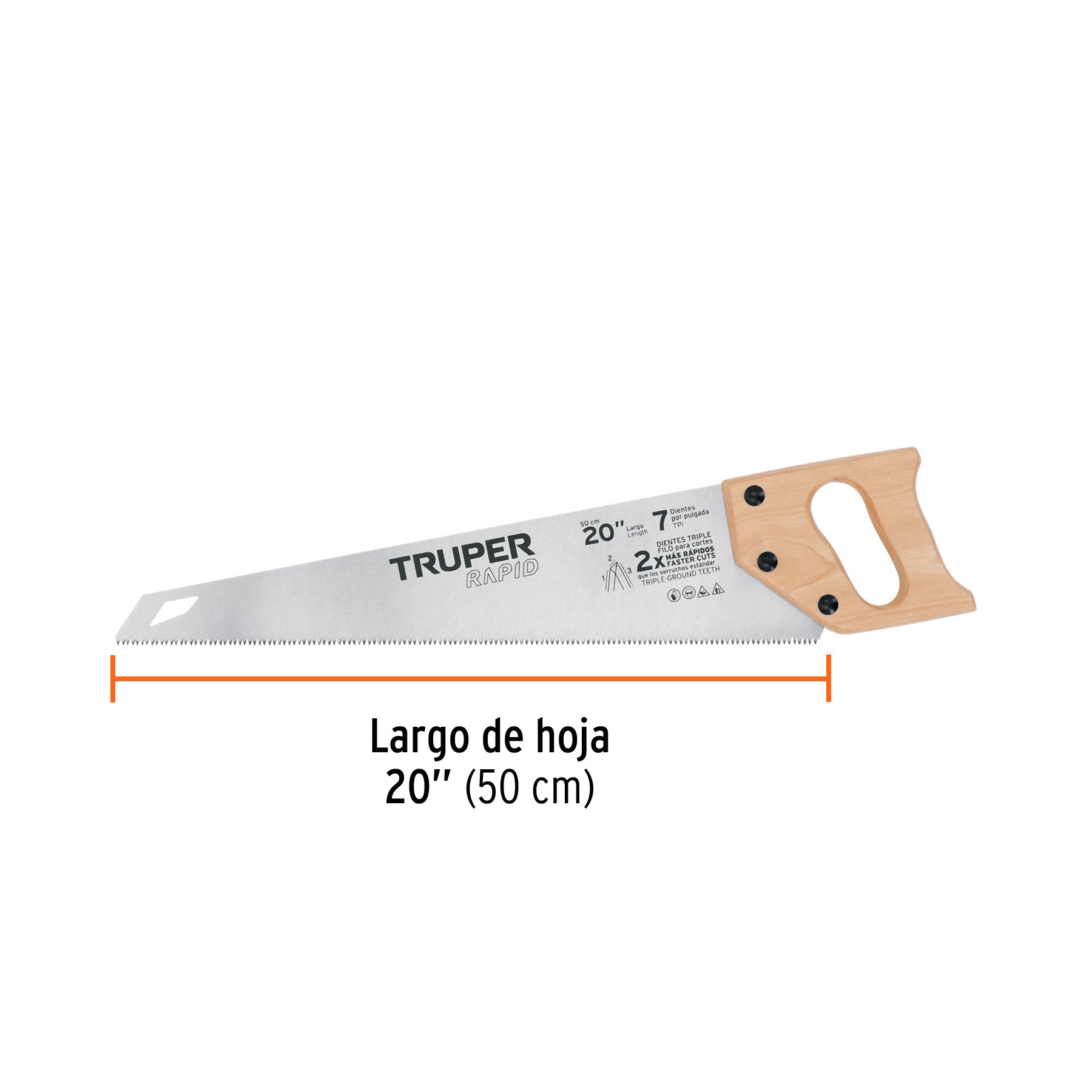 Serrucho Rapid 20', 7 DPP, mango de madera, Truper