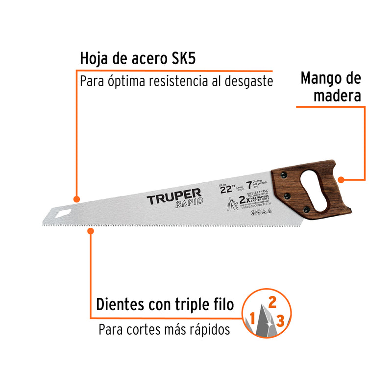 Serrucho Rapid 22', 7 DPP, mango de madera, Truper