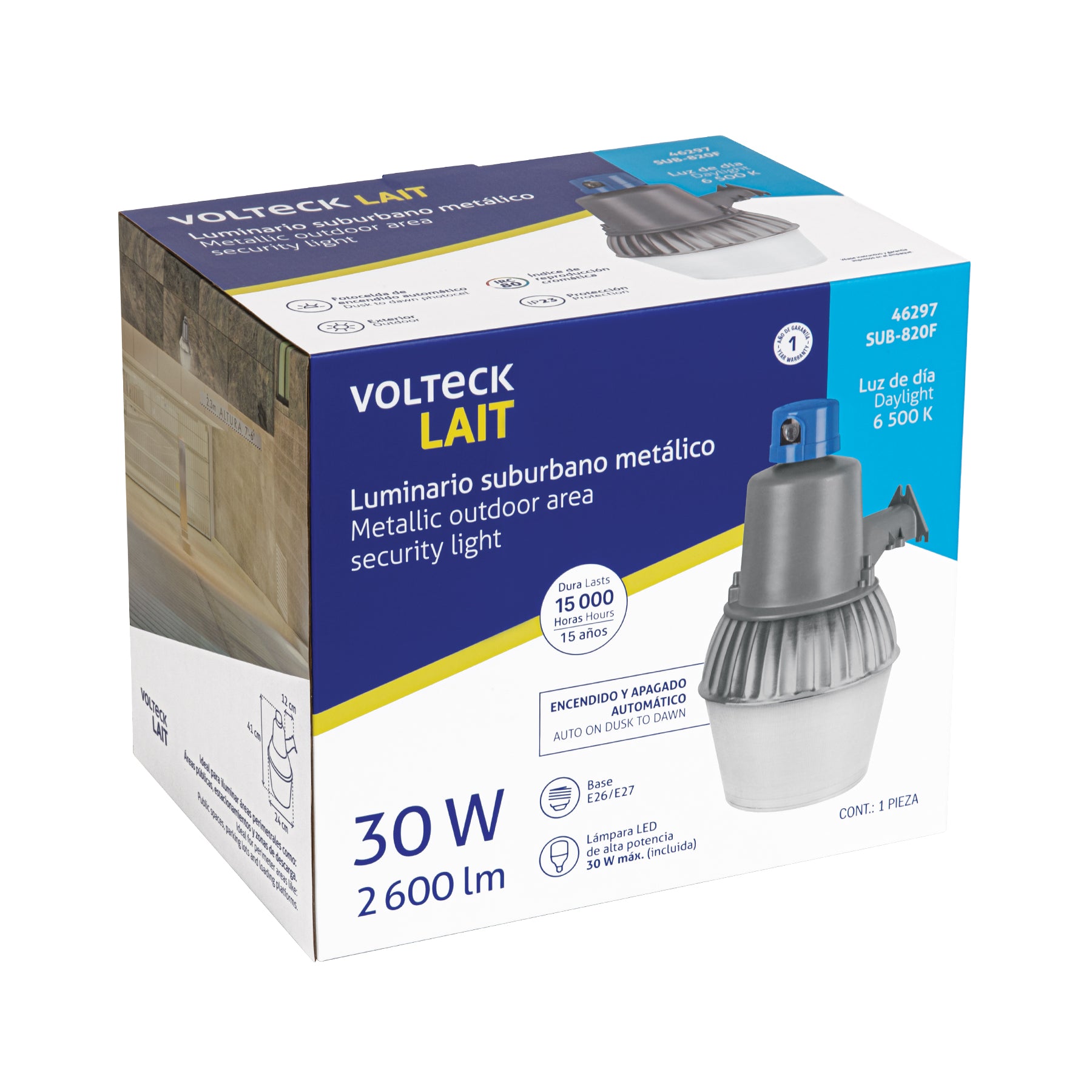 Suburbano metálico con fotocelda, 45W, 6500K, Fluorescente