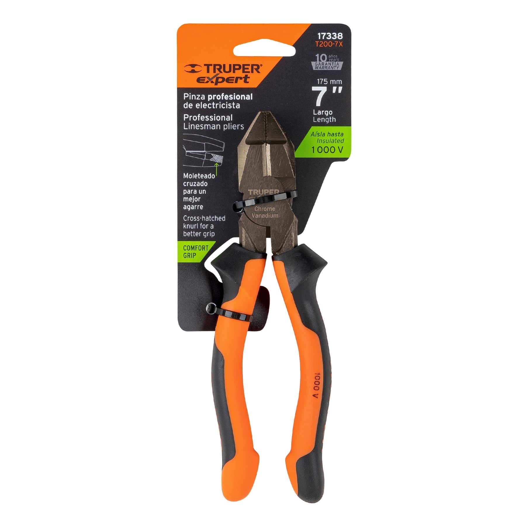 Pinza de electricista profesional, 7", mango comfort grip