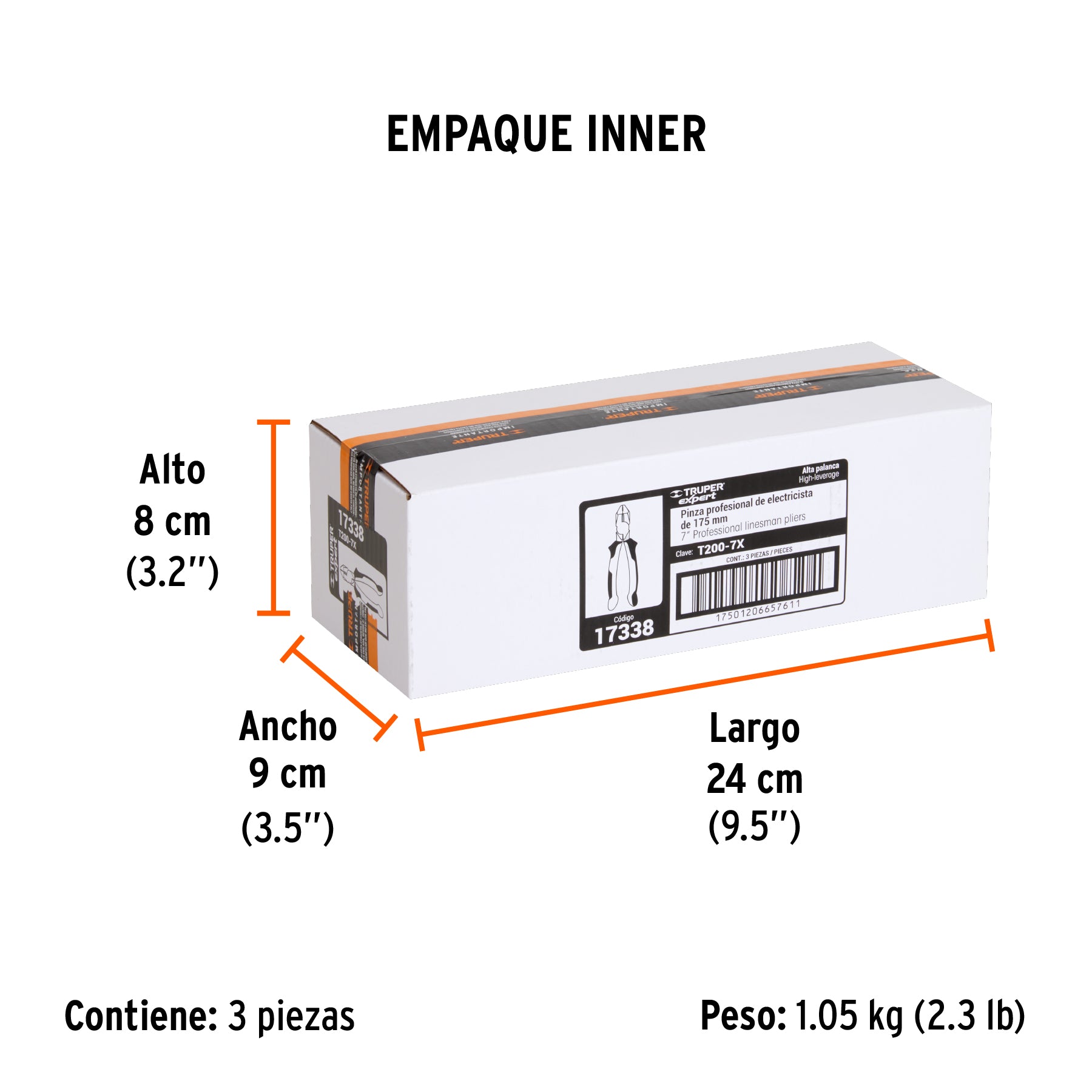 Pinza de electricista profesional, 7", mango comfort grip