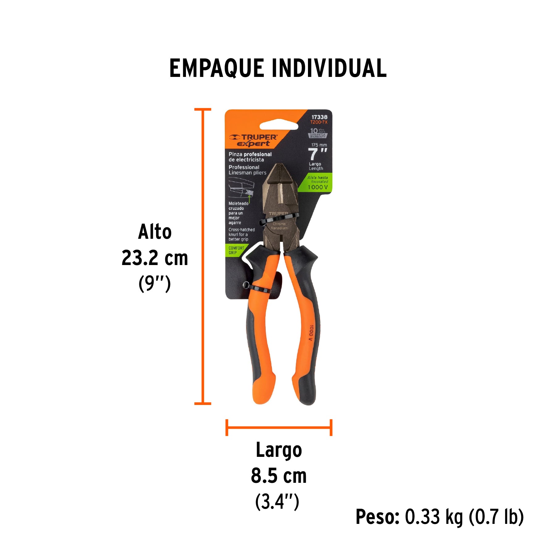 Pinza de electricista profesional, 7", mango comfort grip