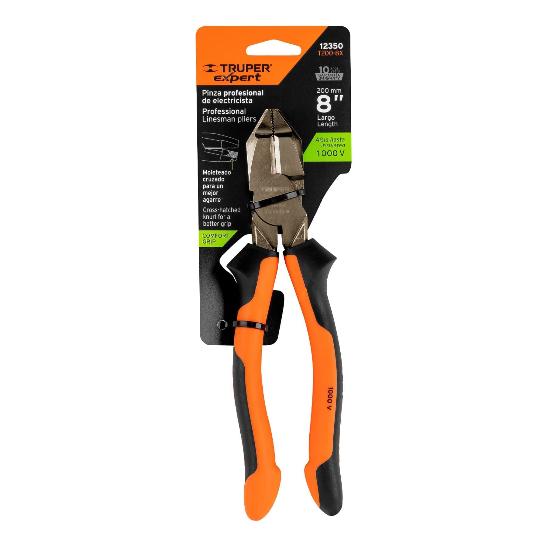 Pinza de electricista profesional, 8", mango comfort grip