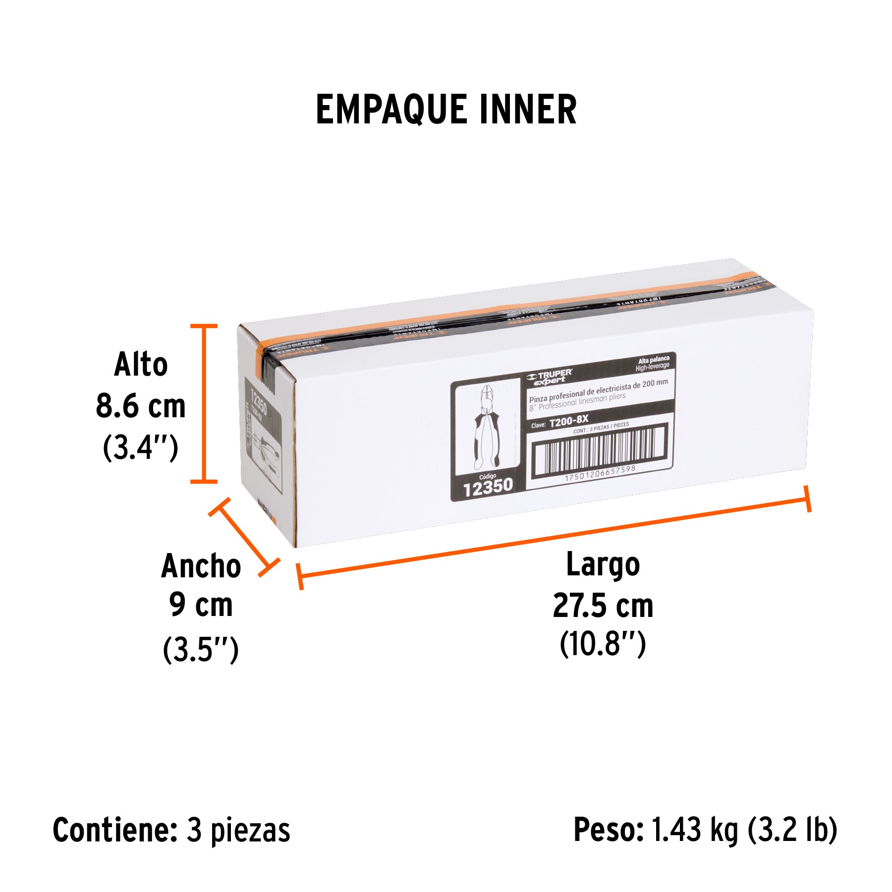 Pinza de electricista profesional, 8", mango comfort grip