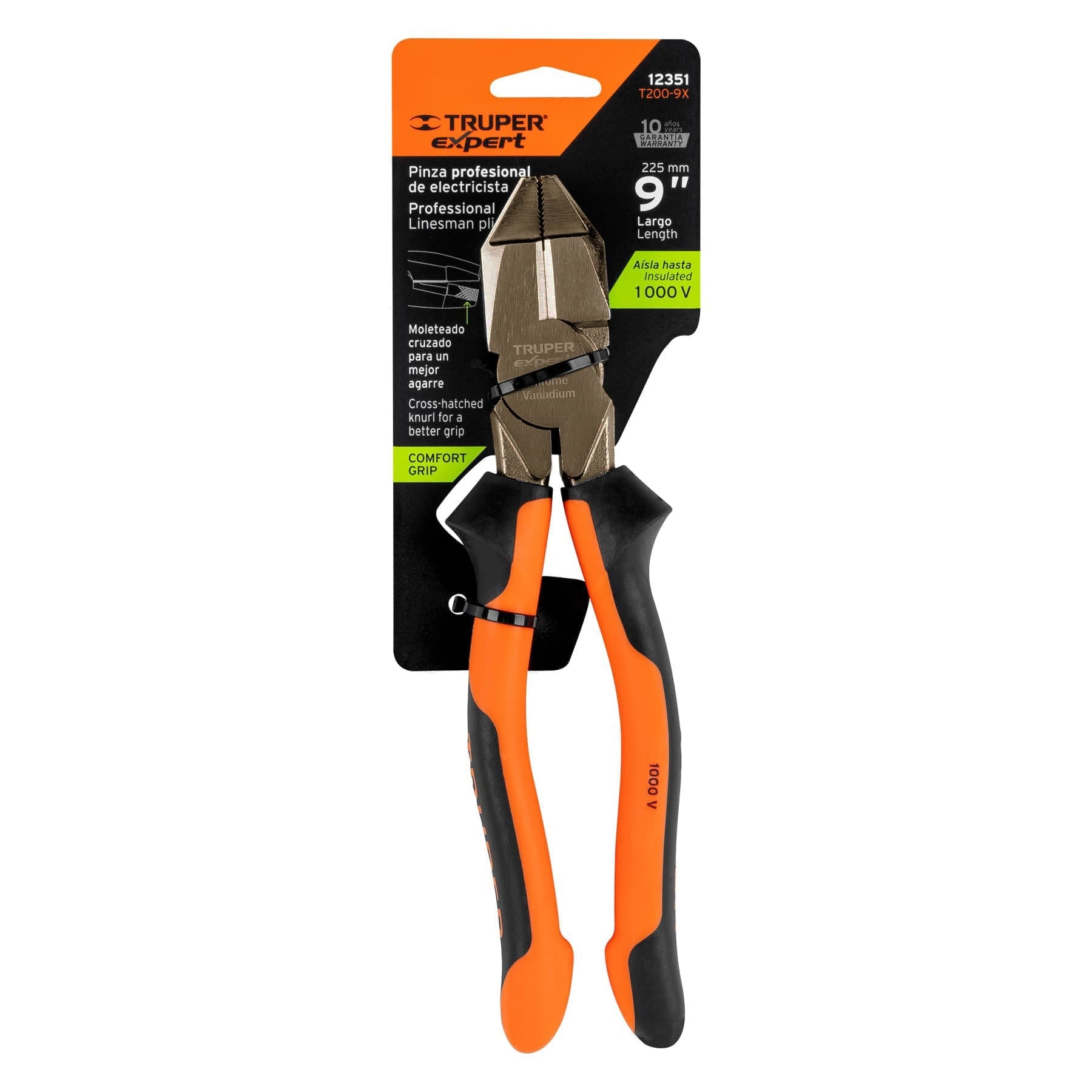 Pinza de electricista profesional, 9", mango comfort grip