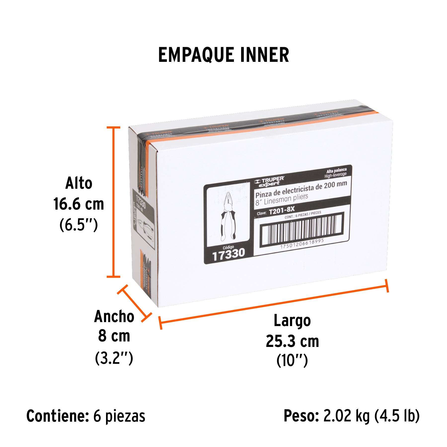 Pinza de electricista 8", mango comfort grip