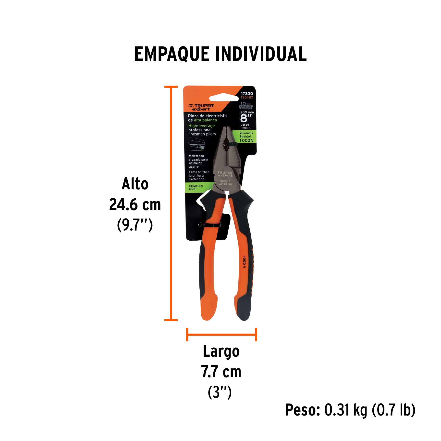 Pinza de electricista 8", mango comfort grip
