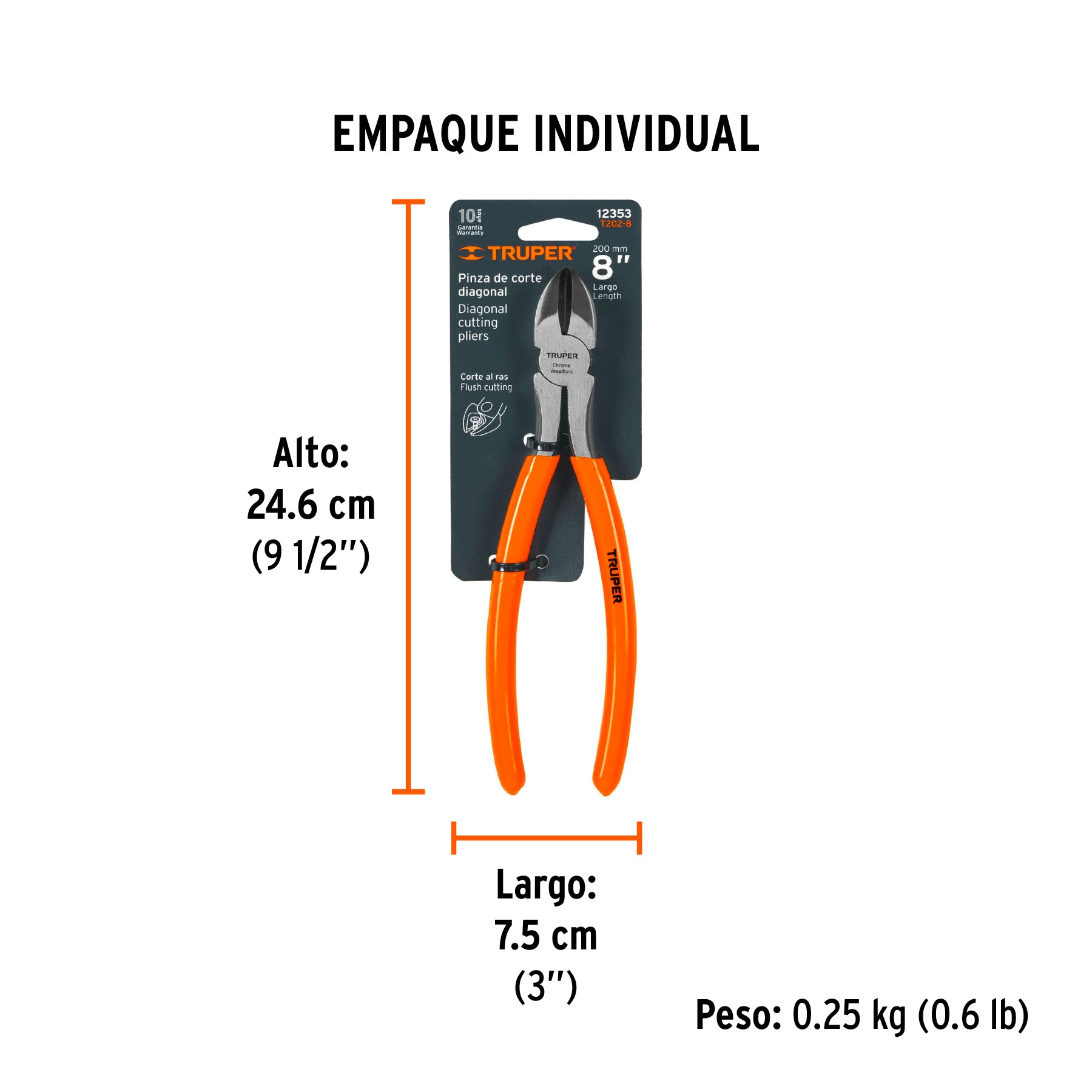 Pinza corte diagonal 8", mango de vinil