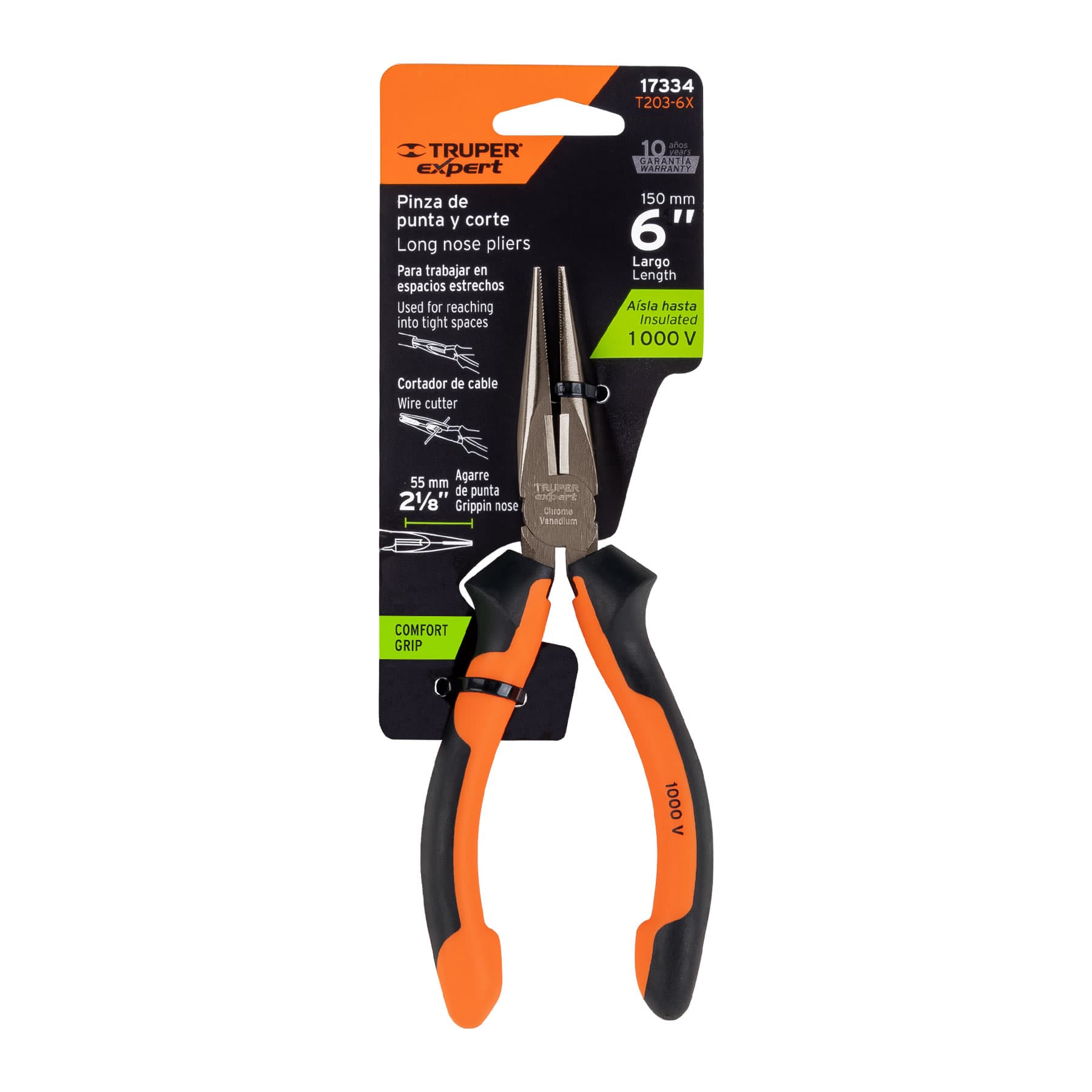 Pinza punta y corte 6", mango comfort grip
