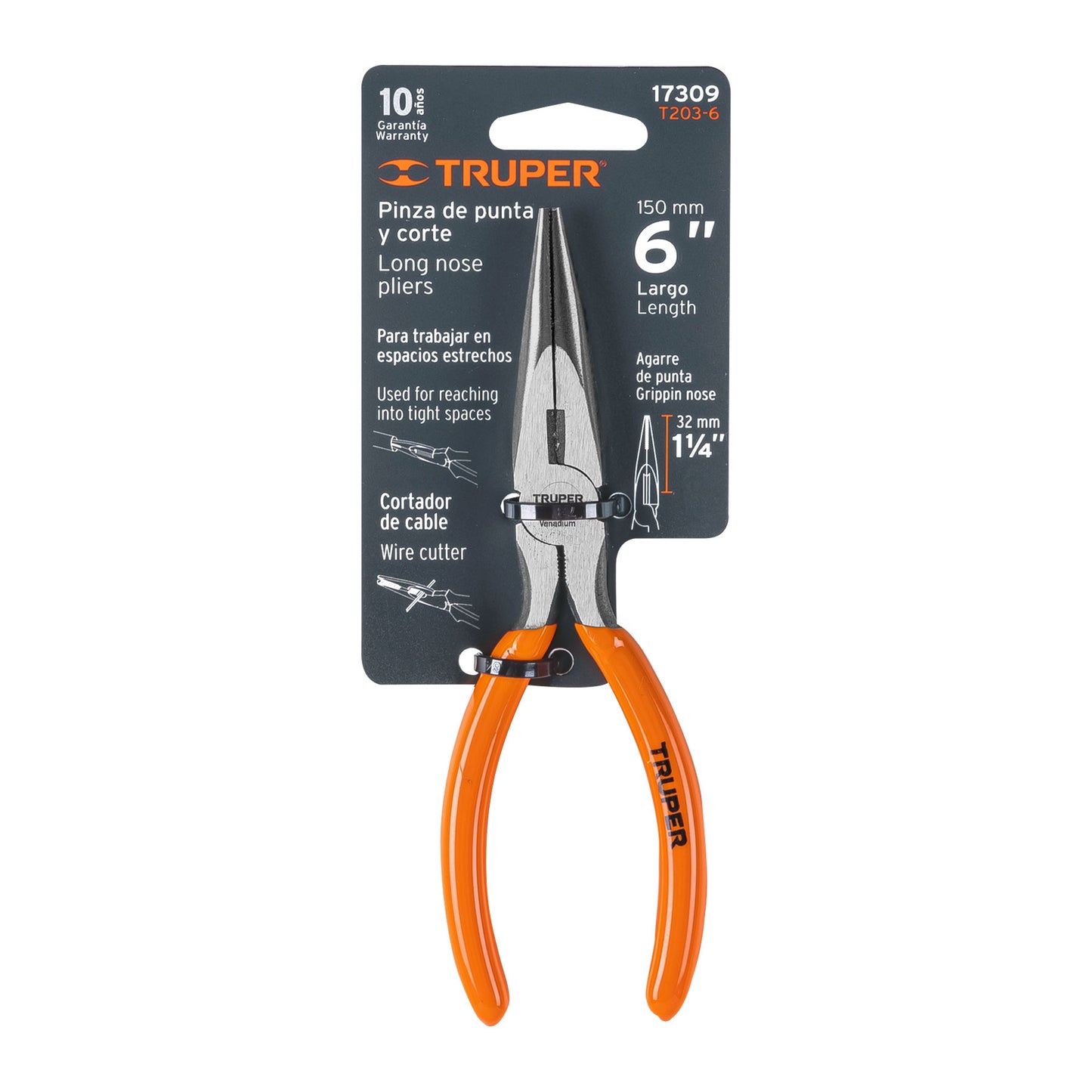 Pinza punta y corte 6", mango de vinil
