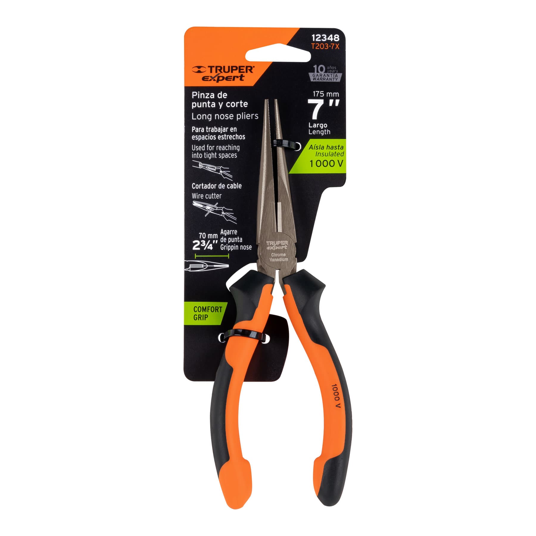 Pinza punta y corte 7", mango comfort grip