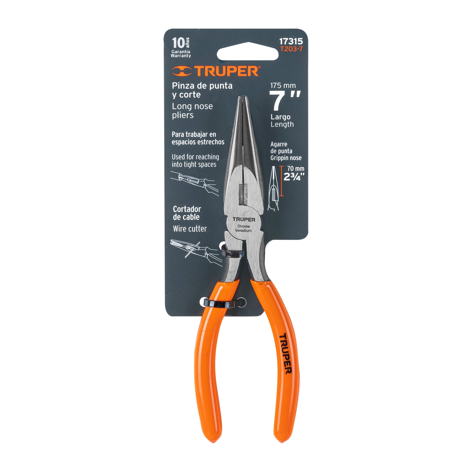 Pinza punta y corte 7", mango de vinil