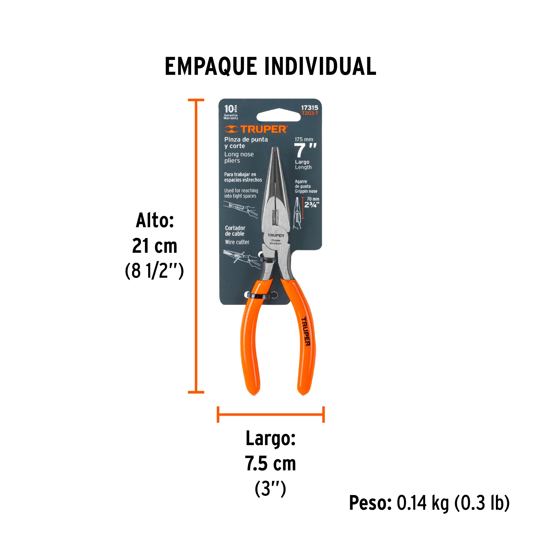 Pinza punta y corte 7", mango de vinil