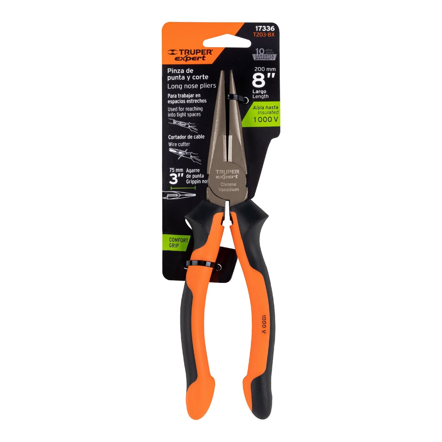 Pinza punta y corte 8", mango comfort grip