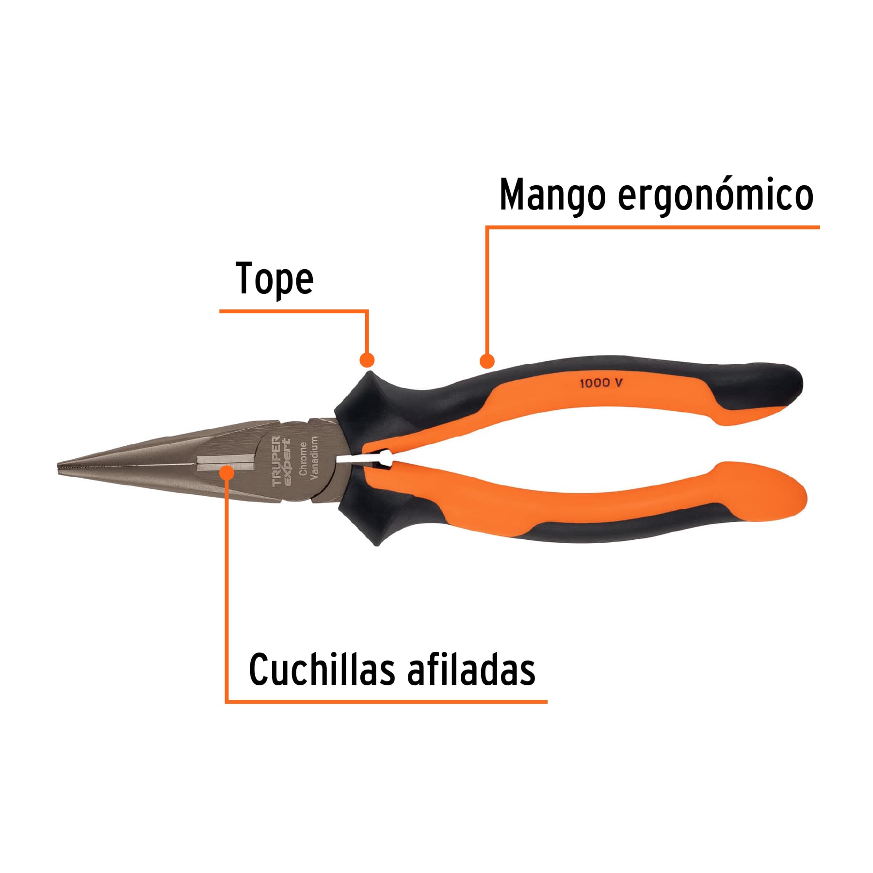 Pinza punta y corte 8", mango comfort grip