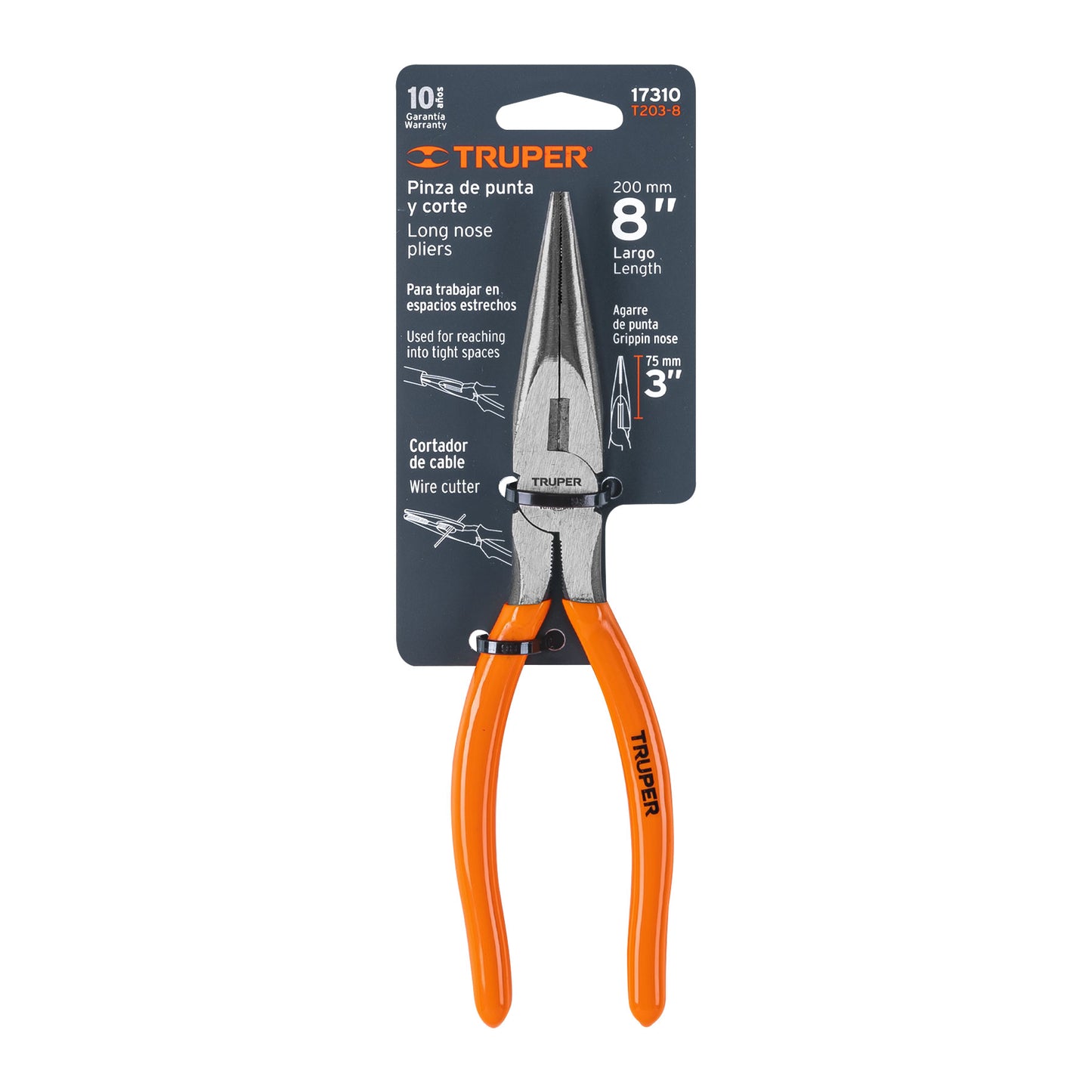 Pinza punta y corte 8", mango de vinil