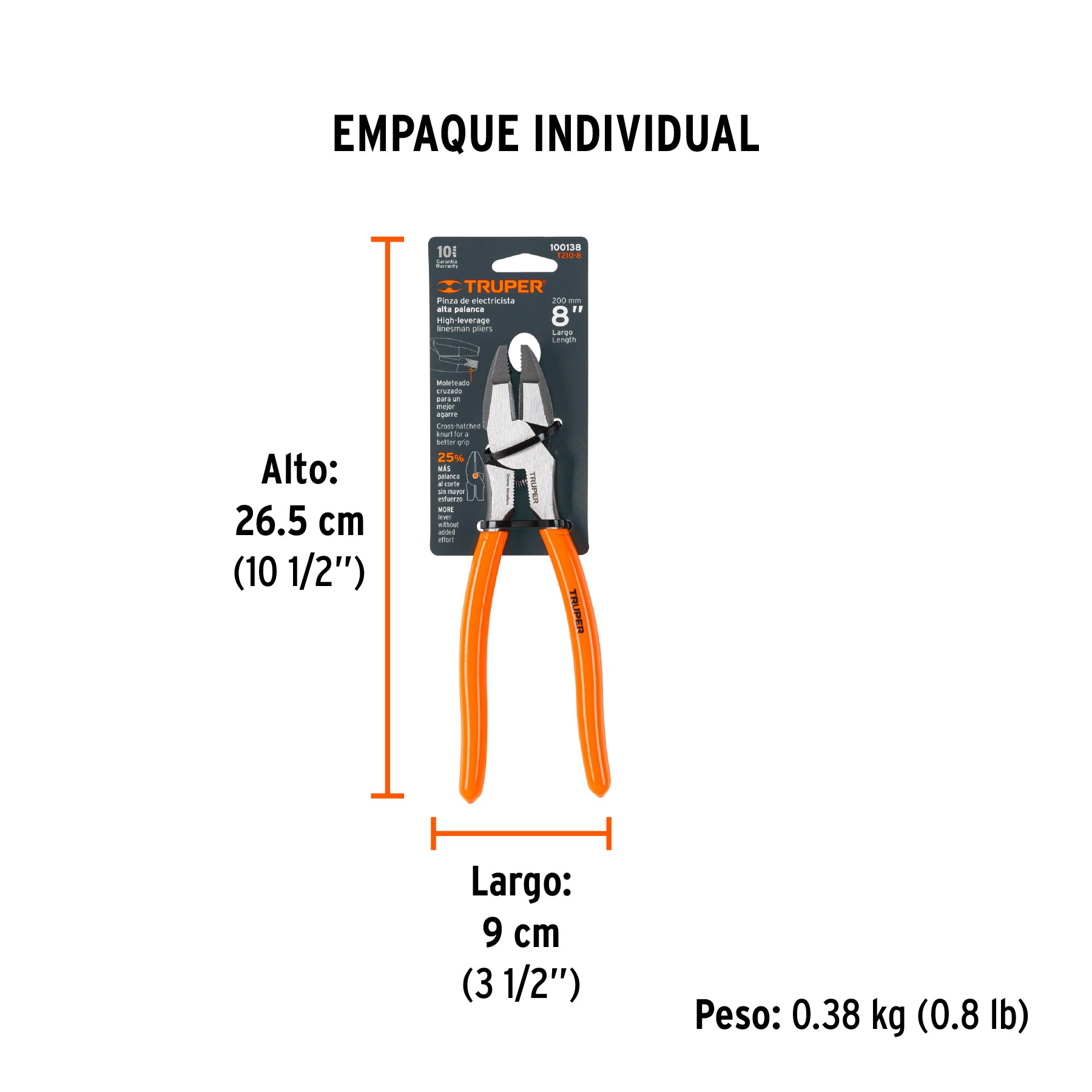 Pinza profesional p/electricista 8", alta palanca,mgo vinil