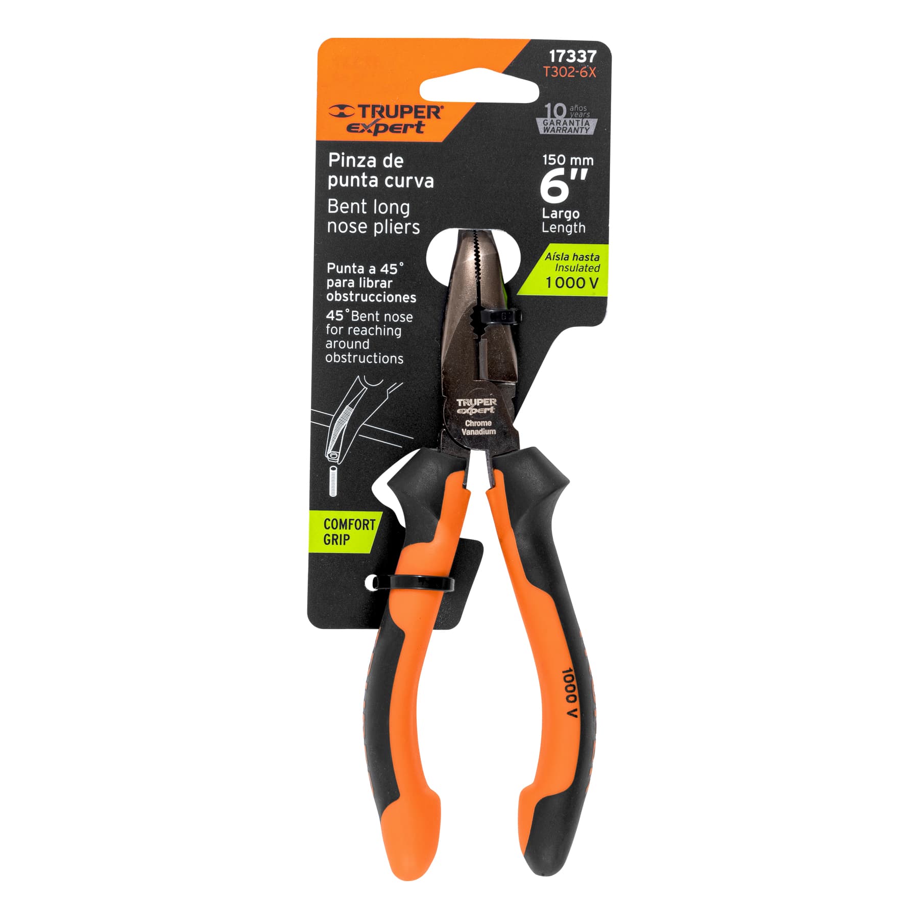 Pinza punta curva 6", mango comfort grip
