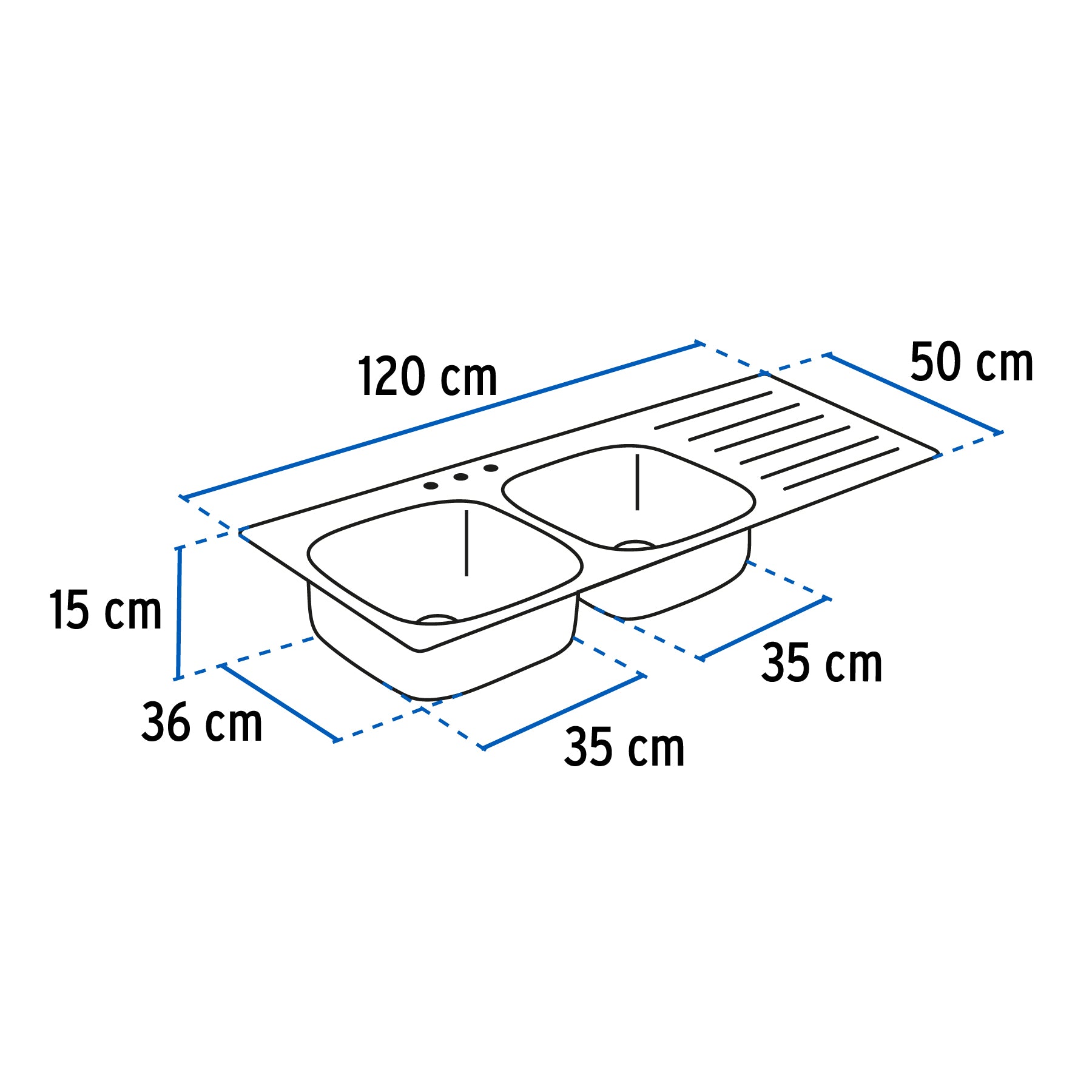 Tarja de empotrar 120 x 50 x 15, doble tina, derecha