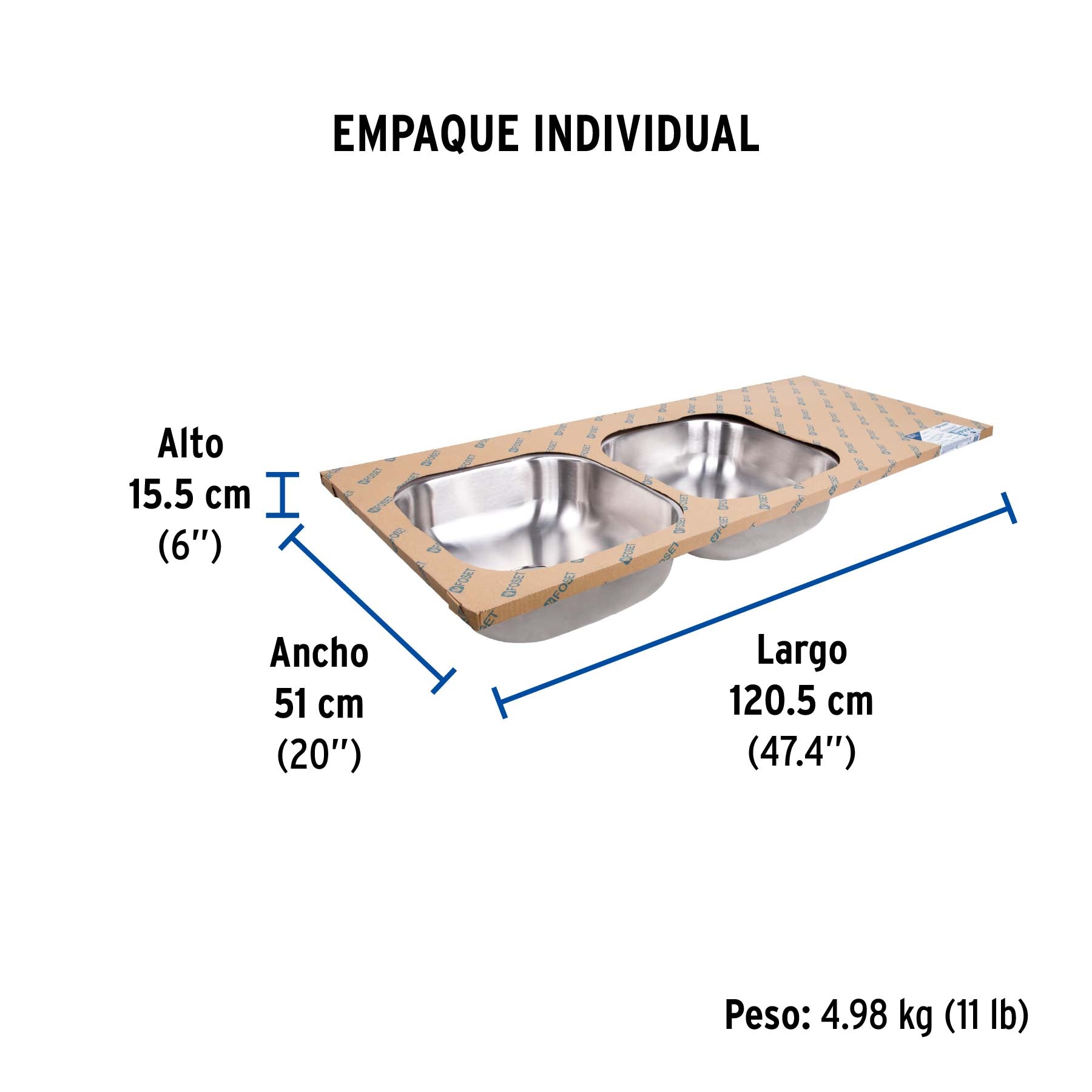 Tarja de empotrar 120 x 50 x 15, doble tina, izquierda