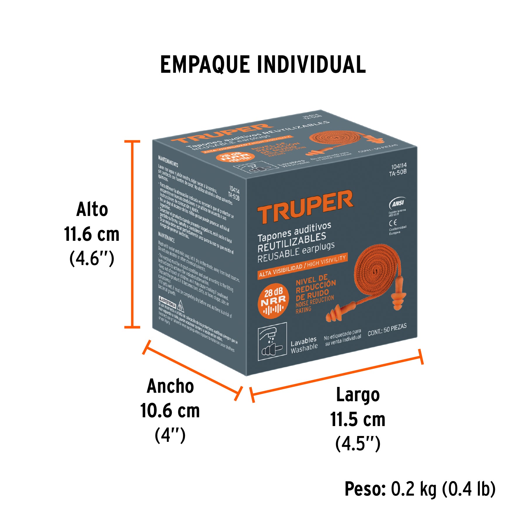 Tapón auditivo reutilizable triple barrera c/cordón, 50 pz