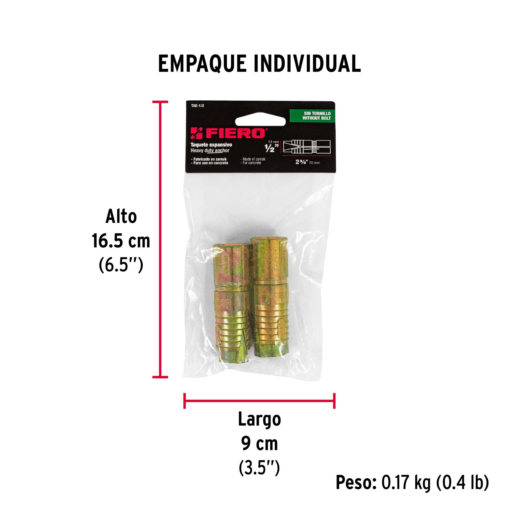 Taquete de expansión, 1/2", bolsa 2 piezas