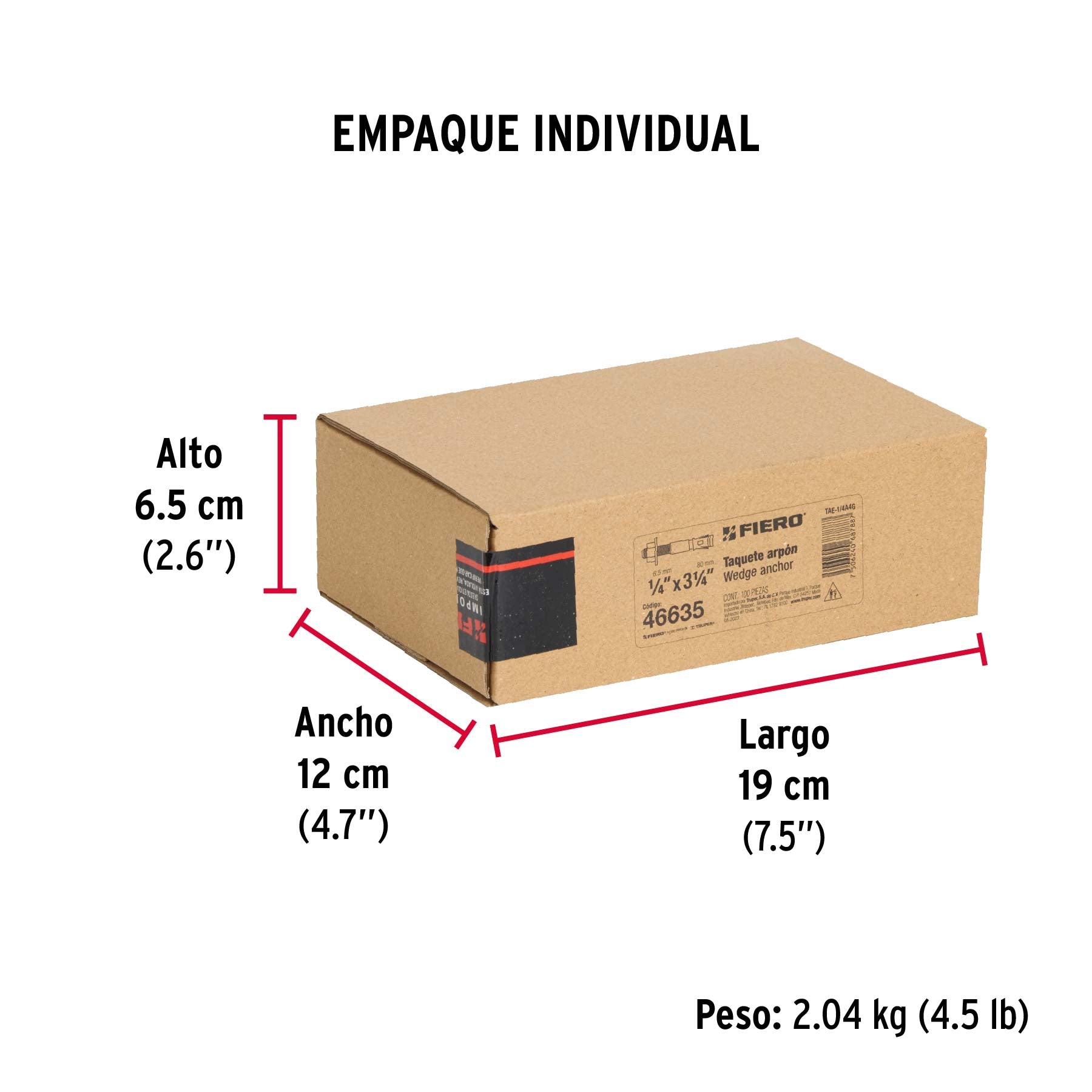 Caja con 100 taquetes arpón de 1/4' x 3-1/4', Fiero